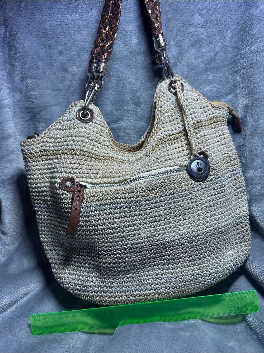 The Sak Cream Woven Shoulder Bag with Brown Braided Handles